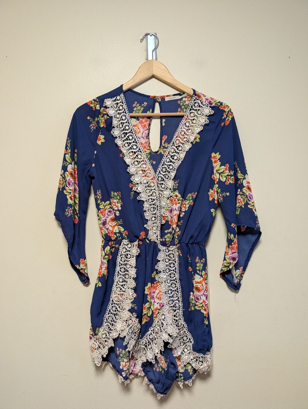 Poetry Navy Floral Crochet Lace Romper Size Small Boho Resort